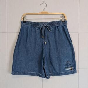 Vintage 90s denim elastic waist sailboat embroidery easy shorts
